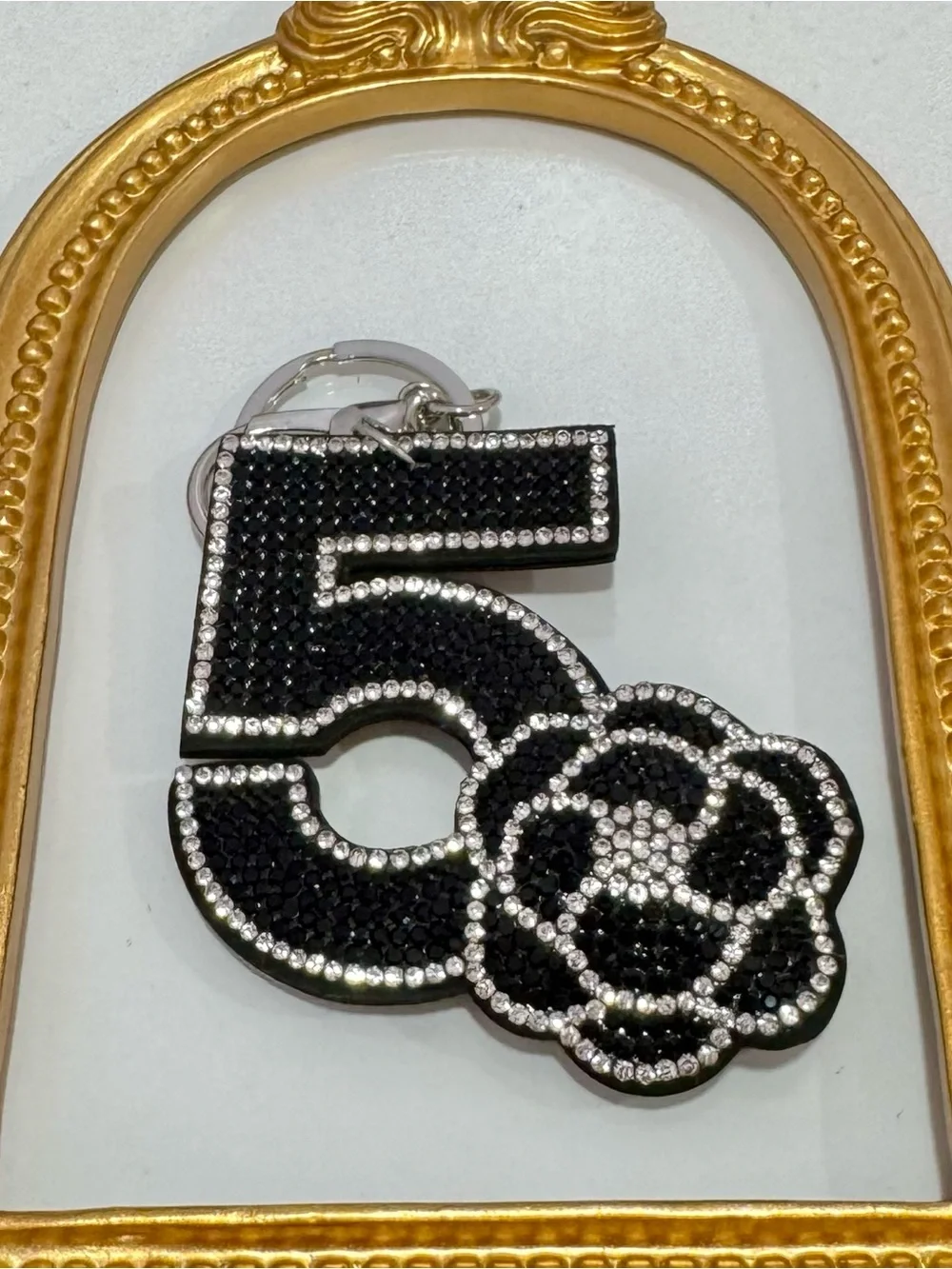 New Rhinestone Number 5 Keychain with Floral Accent - Black